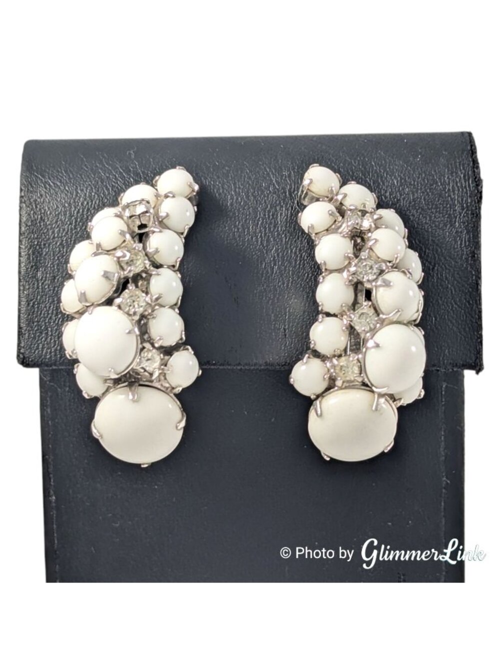 Vintage Milk Glass Rhinestone Crescent Ear Climber Clip On Earrings 1 1/2 Inch